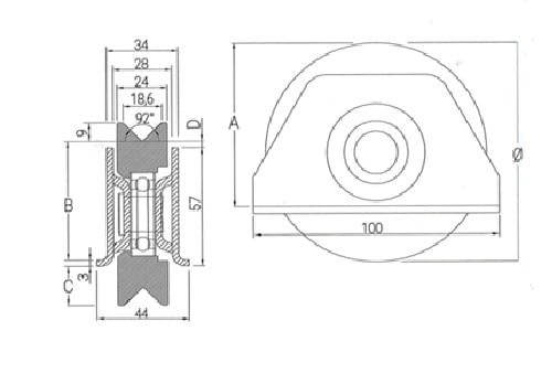 Esquema medidas rueda p. corredera con soporte soldar 90 y 100 mm